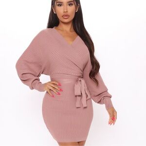 Fashion Nova Long Sleeve Belted Knit Sweater Dress In Blush Pink Medium